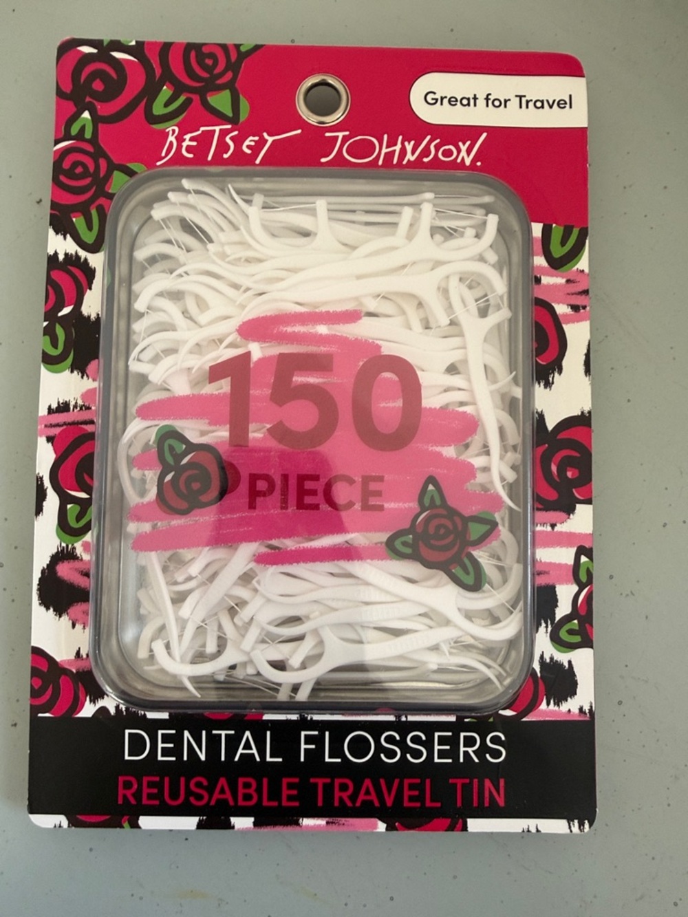 Betsey Johnson White Dental Flossers Travel Tin - 150 Piece